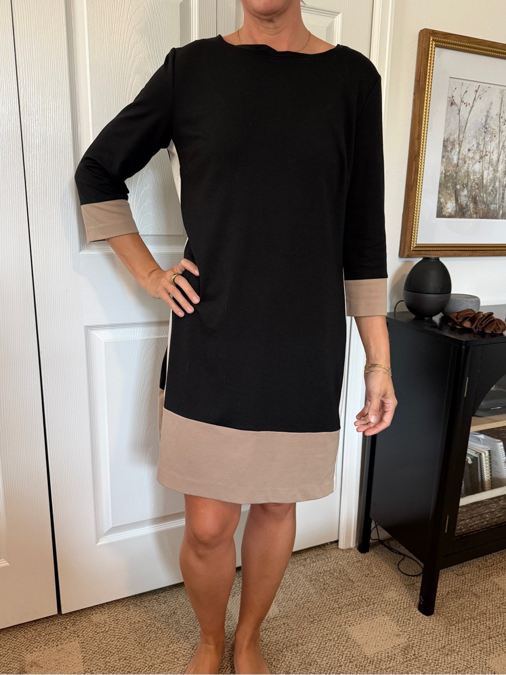 New York & Company Black and Beige Colorblock Midi Shift Dress